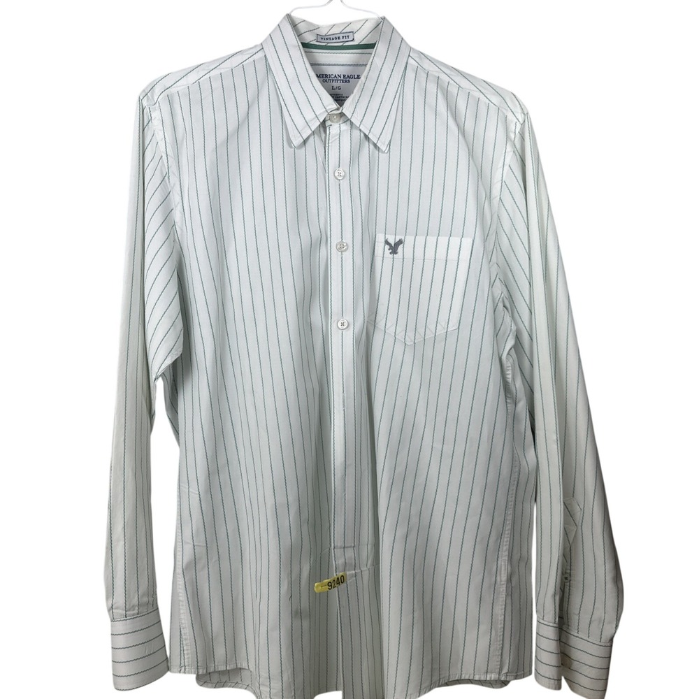 AMERICAN EAGLE Mens Dress Shirt Large Button Up Stripes Vintage Fit Logo AEO EUC